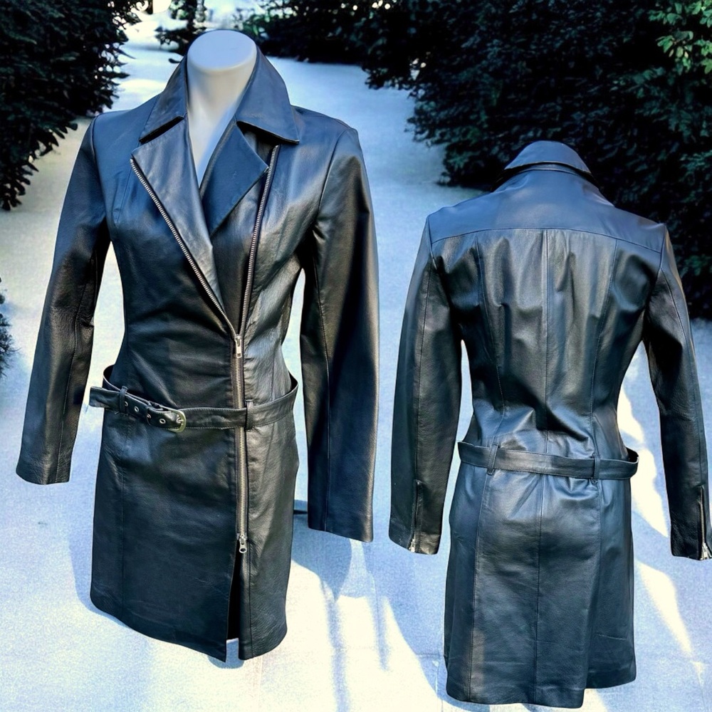 Vintage 1990’s Newport News Black Leather Asymmetrical Zip Moto Dress - Picture 4 of 14